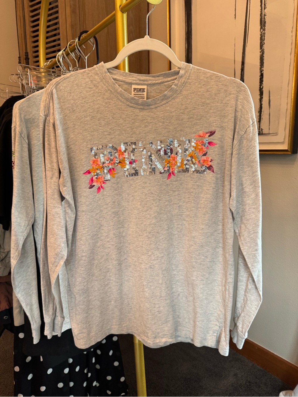 PINK Victoria's Secret Light Gray Long-Sleeve Tee with Sequin Floral Logo